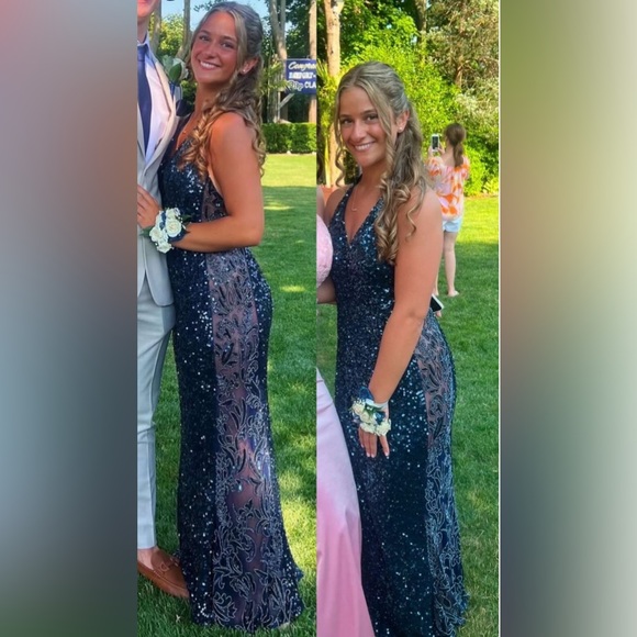 Elegant Navy Blue Sheath Long Sleeve Sequin Satin Prom Dress Wedding Guest Dress DP4794